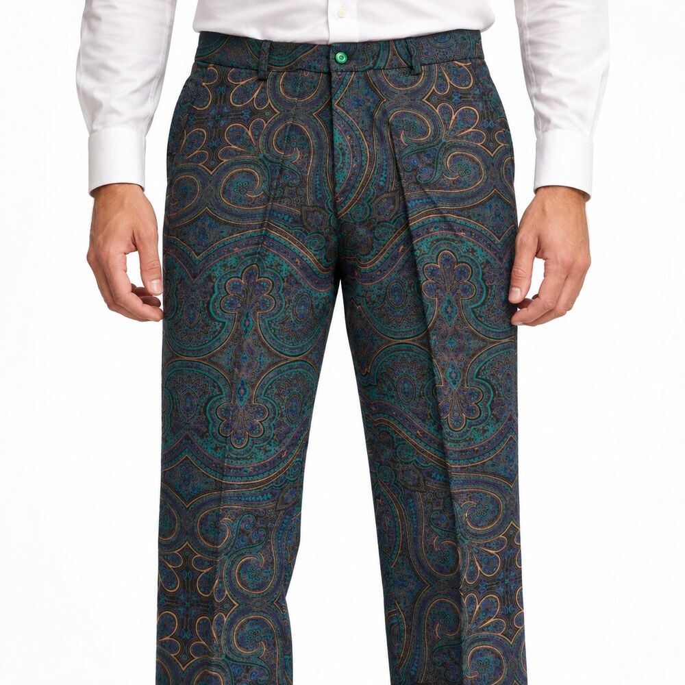 Mens 36 Wool Pants Blue Green Paisley Baroque Print Straight Leg Dress Trousers